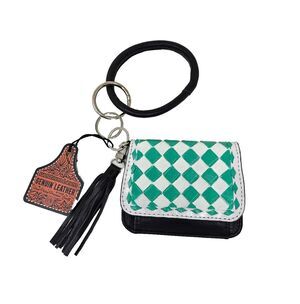 WESTERN LINENS Leather Checkered Wristlet Wallet Green White Black Tassel 5x4